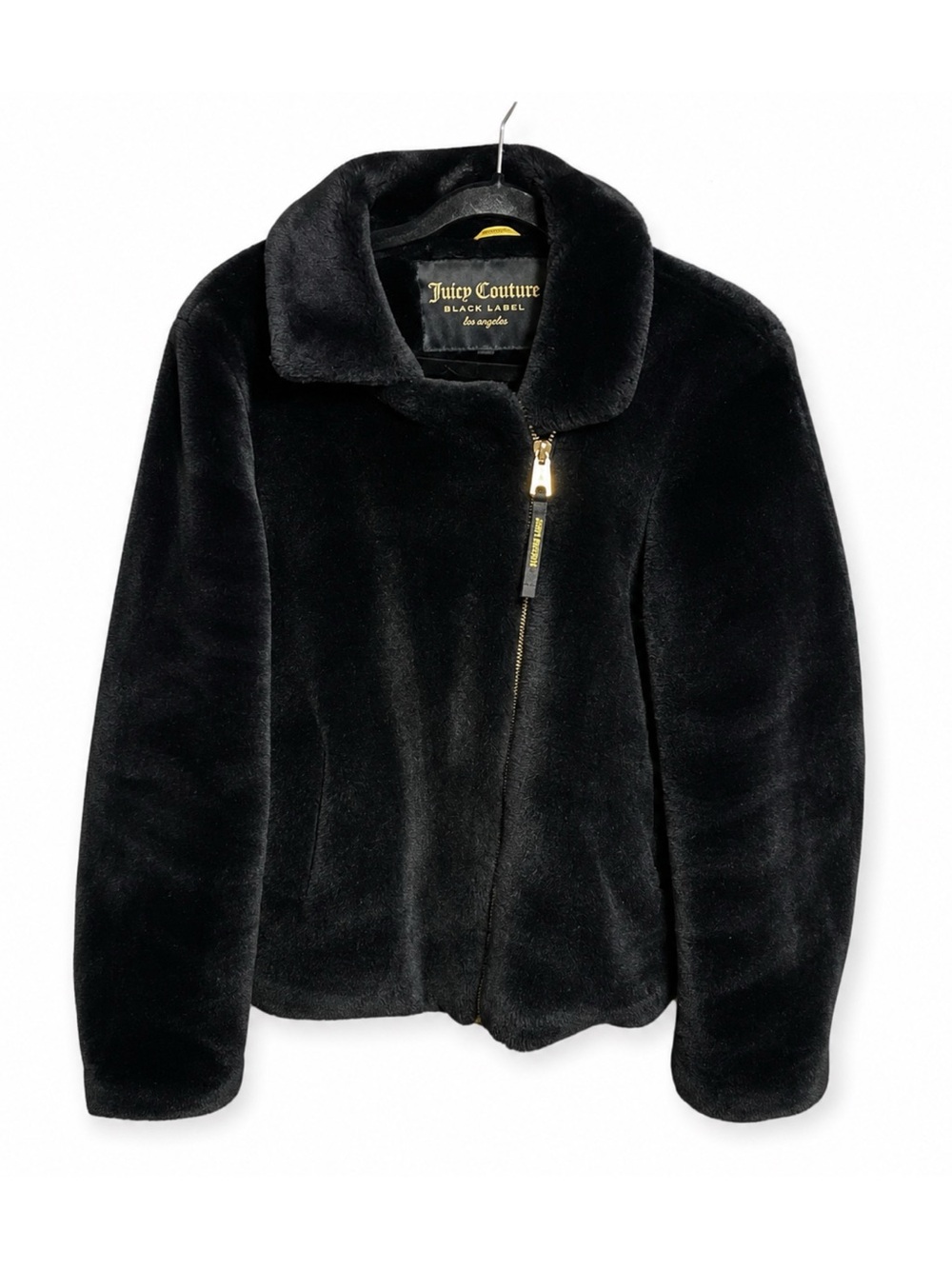 Juicy Couture Black Label Faux Fur Jacket Black Size L Y2K Plush Zip McBling Lux